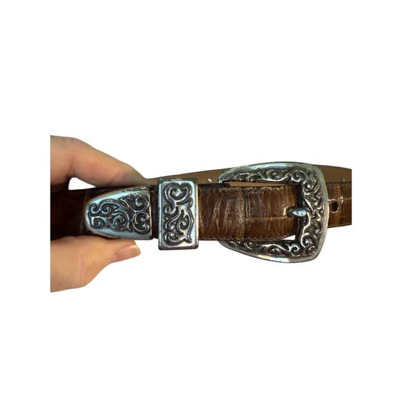 Vintage Brighton Brown 1984 Leather Croc w/3 Piece Silver Buckle Set   M - Picture 9 of 9